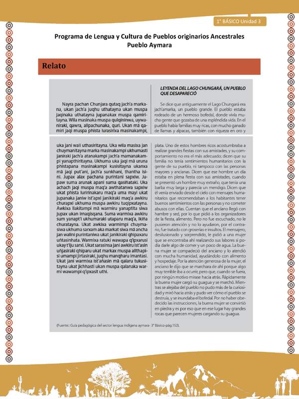 Relato Leyenda del lago Chungará - Lengua y cultura de los pueblos Originarios Ancestrales 1º básico -  Aymara - Unidad 3