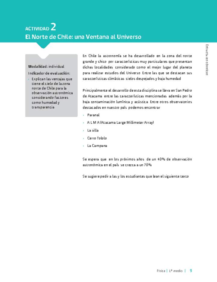 Sugerencia para el profesor: Actividad 2. El norte de Chile: una ventana al Universo